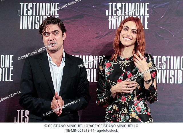 The actor Riccardo Scamarcio, the actress Miriam Leone during the photocall of film Il testimone invisibile, Rome, ITALY-06-12-2018