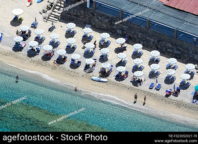 Beach of Tropea. The Police flies over the Calabrian coast by helicopter on the occasion of the reopening of the balnear season , Calabria region
