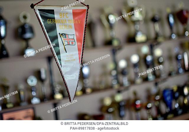 A pennant of BFC Germania 1888 in Berlin, Germany, 10 April 2017. The BFC Germania 1888 soccer club celebrates its 129th anniversary on 15 April