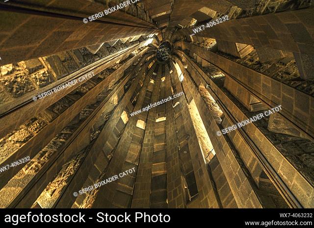 Parabolic-shaped interior of one of the towers of the Passion façade of the Sagrada Familia (Barcelona, Catalonia, Spain)
