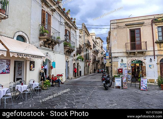Via del Castello Moniace street on the Ortygia island, historical part of Syracuse city, southeast corner of the island of Sicily, Italy
