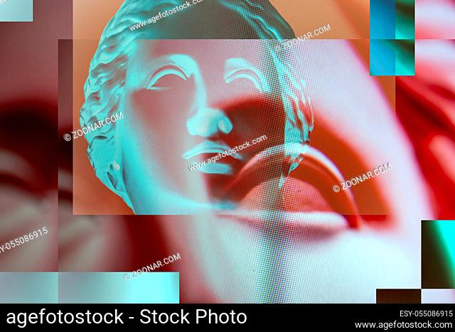 Contemporary art concept collage with antique sculptures head in a surreal style. Modern unusual art. Zine culture. Glitch effect, textured