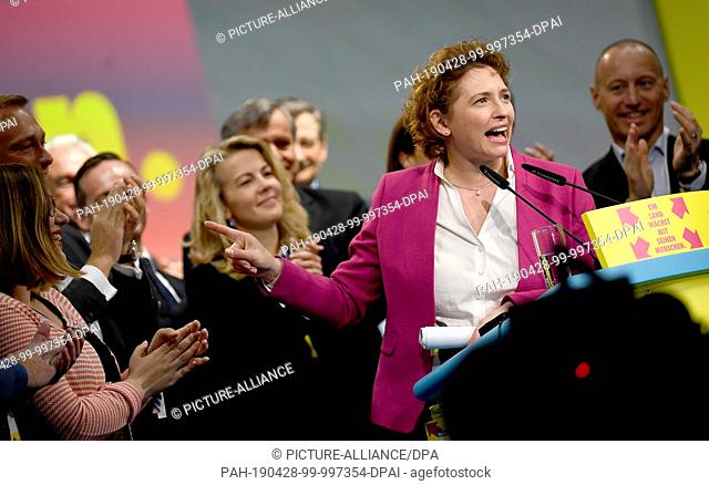 28 April 2019, Berlin: Nicola Beer, top candidate for the European elections, is pleased with the applause after her speech on Europe at the 70th FDP federal...