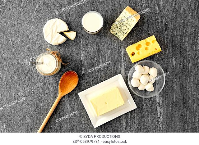 different kinds of cheese, milk, yogurt and butter