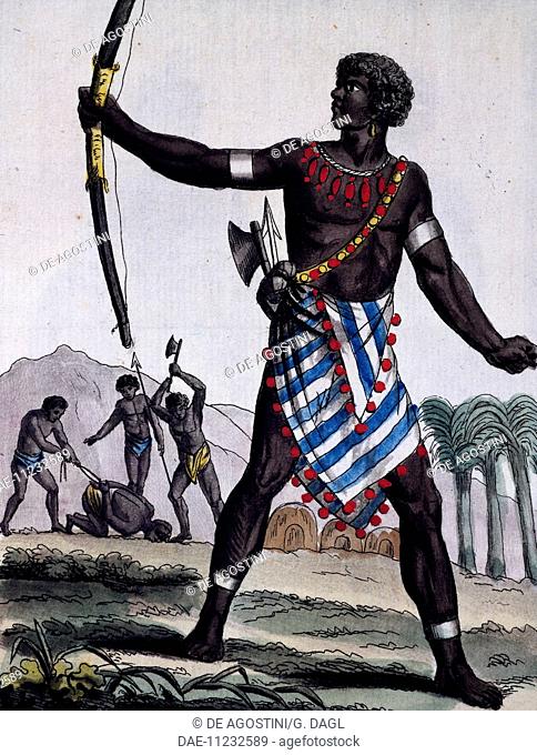 Anzikos warrior, Africa, engraving from Encyclopedia of voyages, 1795, by Jacques Grasset de Saint-Sauveur (1757-1810). France, 18th century