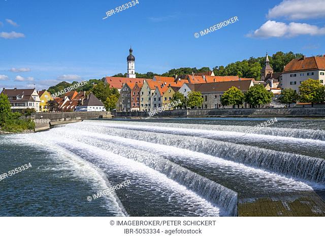 Lech weir with the historic old town of Landsberg am Lech, Upper Bavaria, Bavaria, Germany, Europe