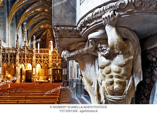 Europe, France, Tarn, Albi. Episcopal city, classified as UNESCO World Heritage. Cathedral Sainte-Cecile. Caryatid