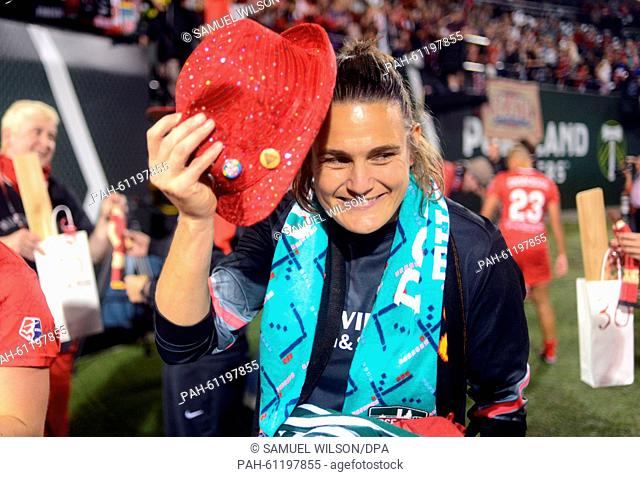 Portland Thorns goalkeeper Nadine Angerer laughs during her last home match of the season of the Portland Thorns against the Washington Spirit of the...