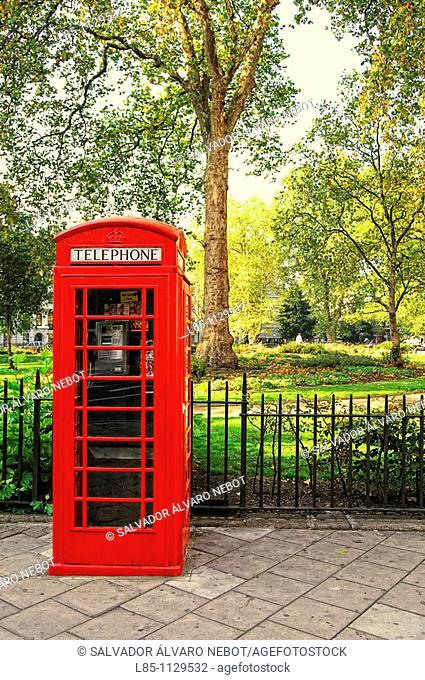 Phone box in Bloomsbury Square Gardens, London, England