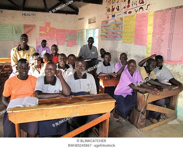 former child soldier in northern Uganda around Gulu are being rehabilitated in a psychological centre with a vocational school, group picture in classroom