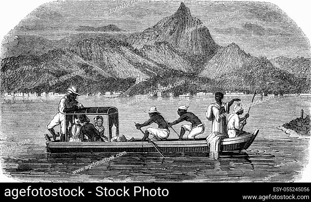 Small boat passing through Rio de Janeiro, vintage engraved illustration. Magasin Pittoresque 1847