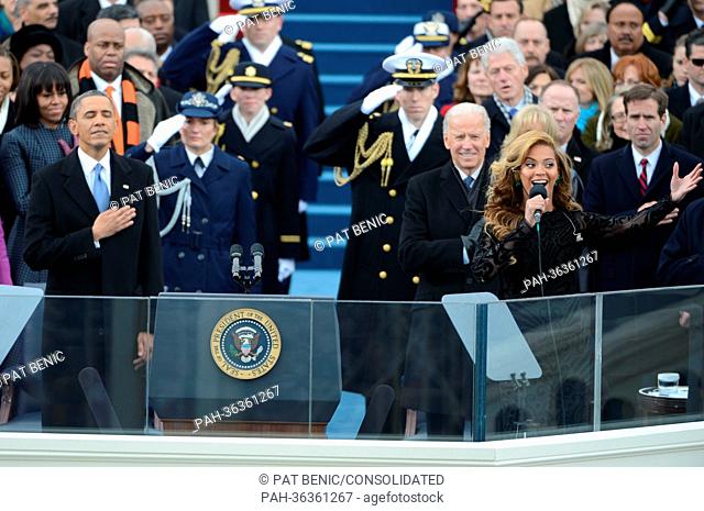 Beyonce sings the National Anthem after President Barack Obama was sworn-in for a second term as the President of the United States by Supreme Court Chief...