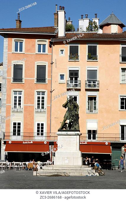 City of Grenoble with historic downtown and statue of the knight Bayard, place Saint Andre, Grenoble, Isere, Auvergne Rhone Alpes, France