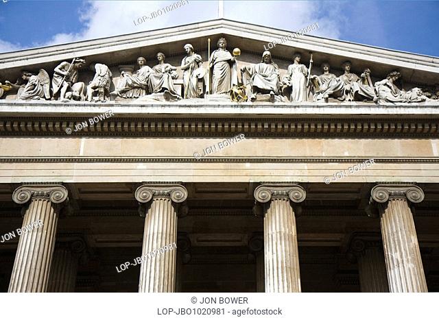 The Greek Revival facade of the entrance to the British Museum on Great Russell Street by Sir Robert Smirke. It features 44 columns based on the temple of...