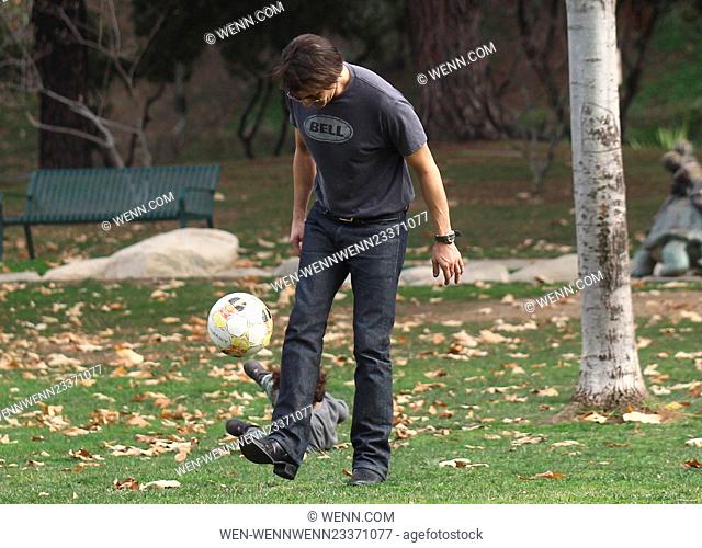 Olivier Martinez and his son play soccer at Coldwater Canyon Park in Beverly Hills Featuring: Olivier Martinez, Maceo Martinez Where: Los Angeles, California