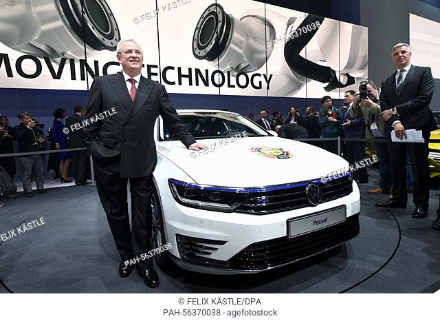 Martin Winterkorn, executive board member of the VW Group, presents the new prototype of the VW Passat during the VW Group Night in the Espace Secheron Hall one...