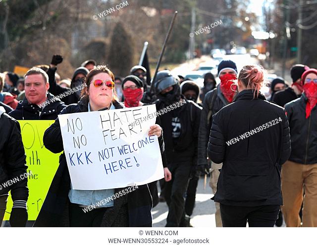 Anti Klu Klux Klan protesters gather in Danville, Virginia to protest a proposed Donald Trump victory rally which was due to be held by the Pelham branch of the...