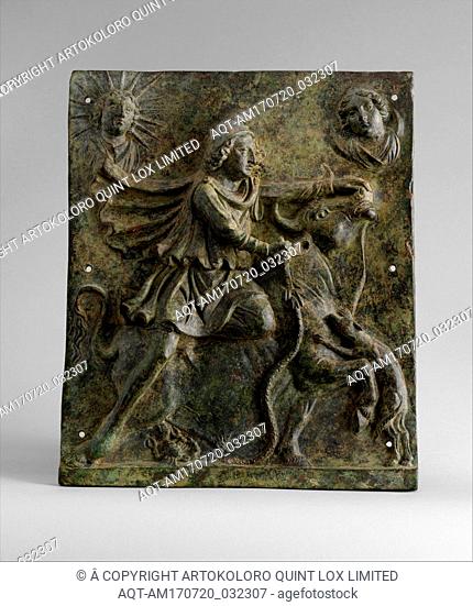 Bronze plaque of Mithras slaying the bull, Mid-Imperial, Antonine or Severan, mid-2ndâ€“early 3rd century A.D., Roman, Bronze, Overall: 14 x 11 5/8 x 1 3/4 in