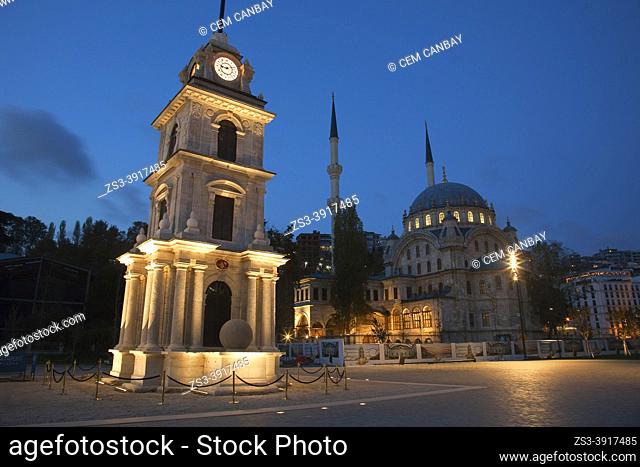 View to the Nusretiye Clock Tower and Nusretiye Mosque-Nusretiye Camii in Tophane neighbourhood of the Beyoglu district by night, Istanbul, Marmara Region