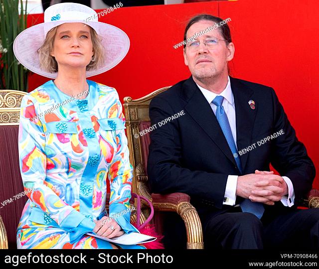 Princess Delphine Boel's and husband Jim O'Hare pictured at the military and civilian parade on the Belgian National Day, in Brussels, Friday 21 July 2023