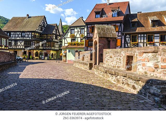 scenic old town in the center of Kaysersberg, Alsace, France, old town with colorful half-timbered houses and stone bridge