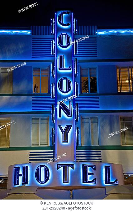 Neon Lights of Colony Hotel, South Miami Beach at Night, Miami, Florida, USA