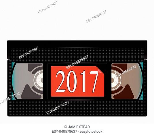 A typical old fashioned video cassette over a white background with 2017