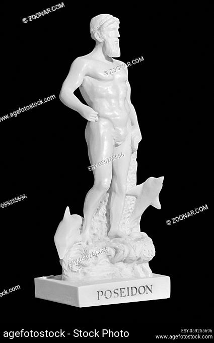 White marble classic statue of an ancient god isolated on a black background