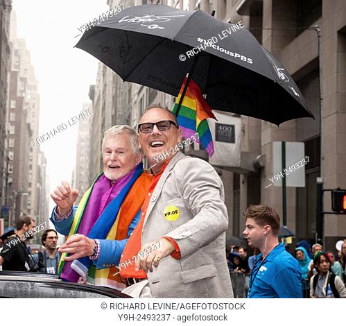 Grand Marshal Sir Derek Jacobi, left, with Richard Clifford in the annual Lesbian, Gay, Bisexual and Transgender Pride Parade on Fifth Avenue in New York