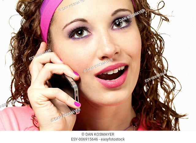 Young lady dressed in neon talks on the phone. Makeup by Irene Prowell - professional freelance makeup artist