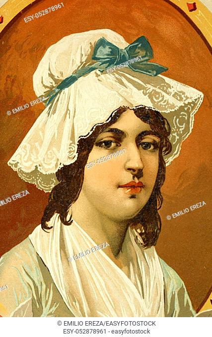 Charlotte Corday. Born 27th July 1768. Died 17th July 1793, executed by guillotine by assassination of Jean Paul Marat. Antique illustration of 1897