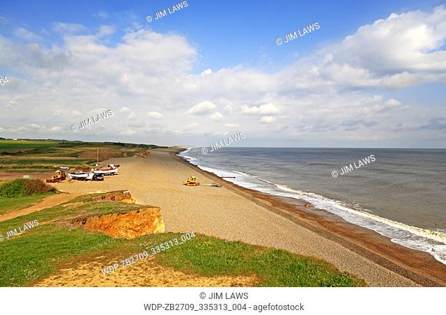 A view of the shingle beach from the cliffs on the North Norfolk coast at Weybourne, Norfolk, England, United Kingdom
