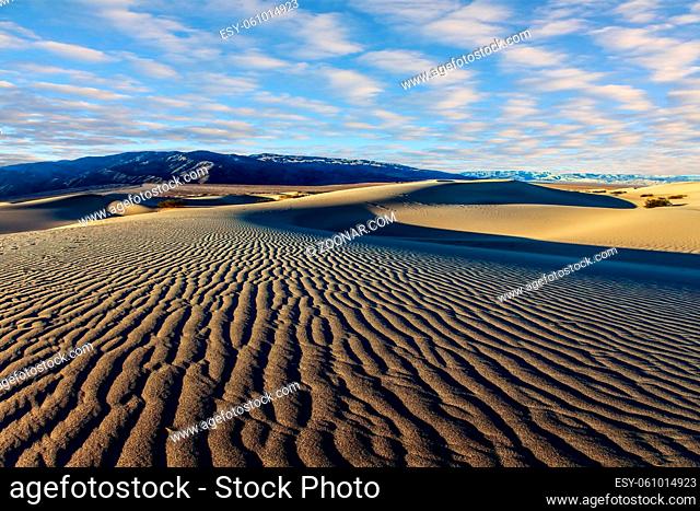 Mesquite Flat Sand Dunes is a part of Death Valley in California. The gentle slopes of the sand dunes are rippled by the wind. USA