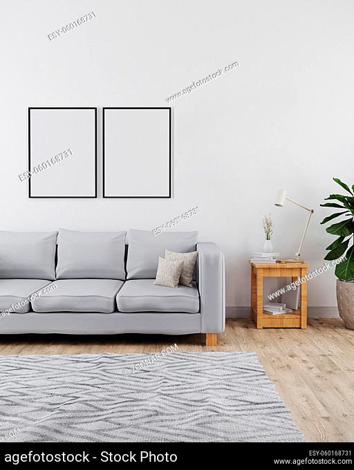 Two poster frames mockup in modern and minimalist interior of living room with sofa, white wall and wooden floor with grey carpet, modern interior background