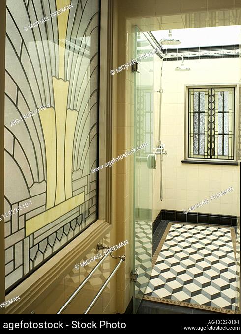 Shower room. Recently restored 1930s British colonial residence in the French Concession district of Shanghai. Bathroom features handmade tiles to original...
