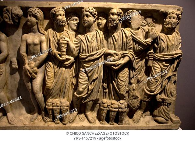 A reproduction of a Paleocristiano sarcophagus is displayed in the Museum of the Cathedral of Astorga, Spain. Astorga is one important stop for pilgrims...
