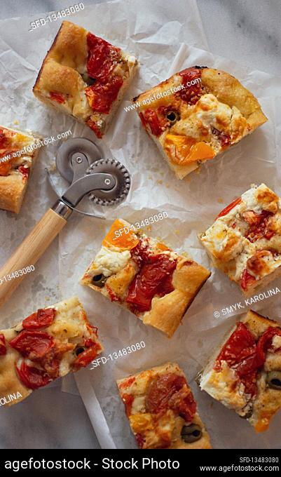 Foccacia with olives and tomatoes