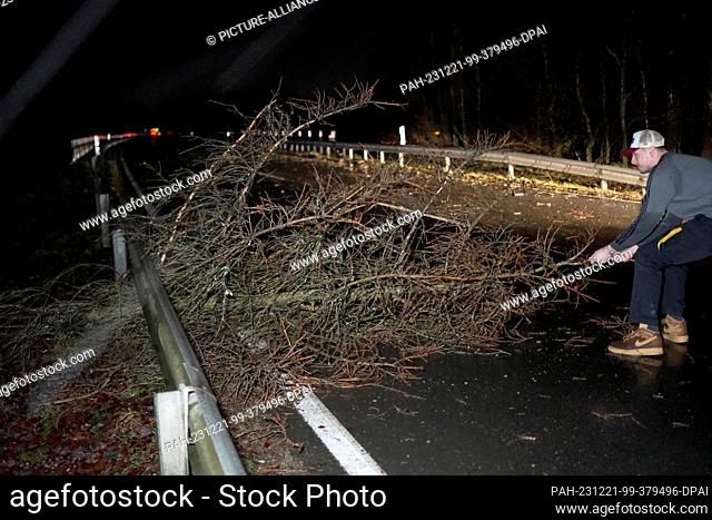 21 December 2023, Rhineland-Palatinate, Molzhain: Driver Denisz pulls a fallen tree from the carriageway of the L288 near Molzhain