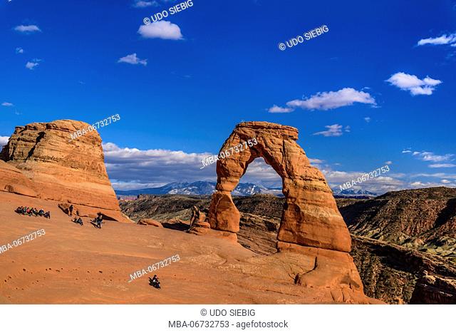 The USA, Utah, Grand county, Moab, Arches National Park, Delicate Arch towards La Sal Mountains