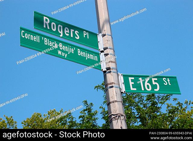 PRODUCTION - 02 June 2023, USA, New York: A stretch of street in New York's Bronx after being renamed ""Cornell 'Black Benjie' Benjamin Way