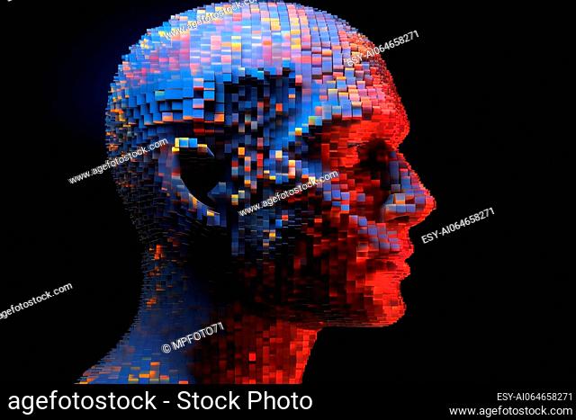 Concept of a 3D human head made of pixels created with generative AI technology