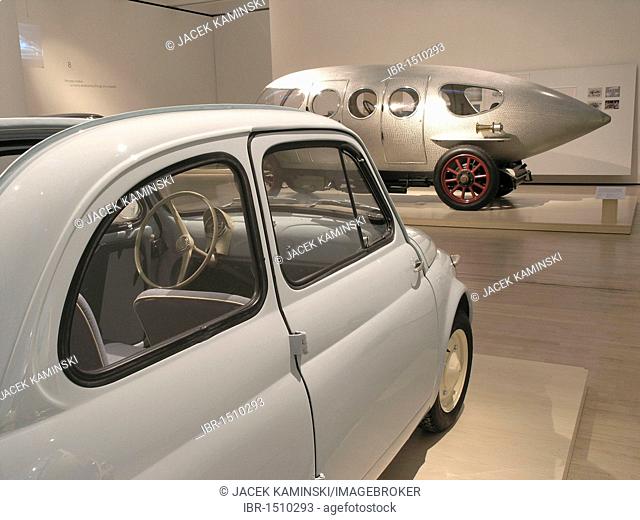 Fiat 500 in front of an Alfa 40, 60 HP Ricotti, Mitomacchina exhibition, Museum of Modern Art, MART, Rovereto, Italy, Europe