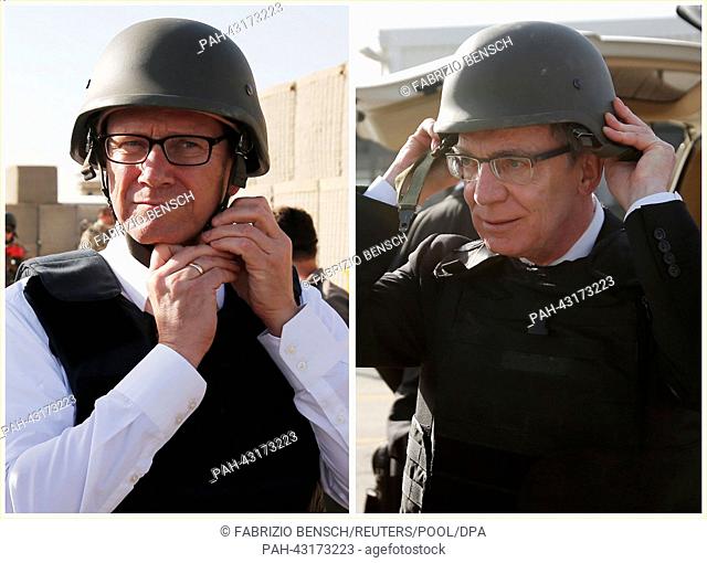 A composite picture shows German Defence Minister Thomas de Maiziere adjusting his helmet in Mazar-e-Sharif and German Foreign Minister Guido Westerwelle (L)...