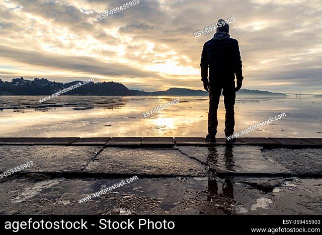 Man standing at the beach in the Norwegian fjord Tovdalsfjorden, looking at the calm sea and the mist and fog. Hamresanden, Kristiansand, Norway