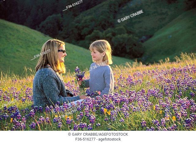Mother and daughter in field of colorful wildflowers on hillside in spring, Bolinas Ridge, Marin County, California
