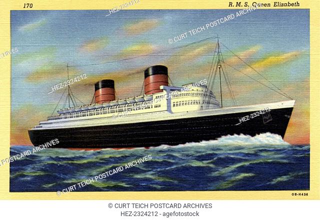 Ocean liner RMS 'Queen Elizabeth', 1940. Postcard. Built by John Brown & Co at Clydebank, the Queen Elizabeth was the world's largest ocean liner when she was...