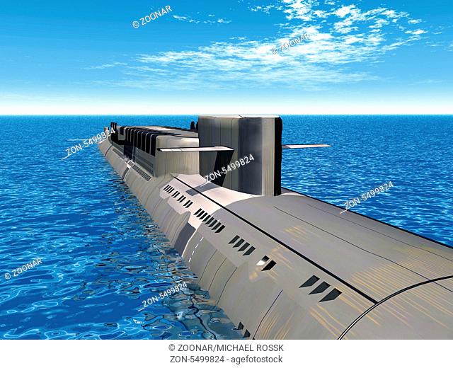Computergenerierte 3D Illustration mit einem russischen Atom-U-Boot aus dem kalten Krieg