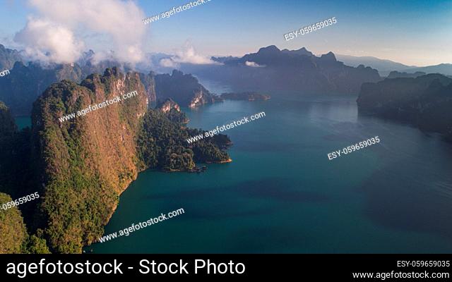 Aerial drone view of beautiful mountains and lake in Khao Sok National Park, Surat Thani, Thailand