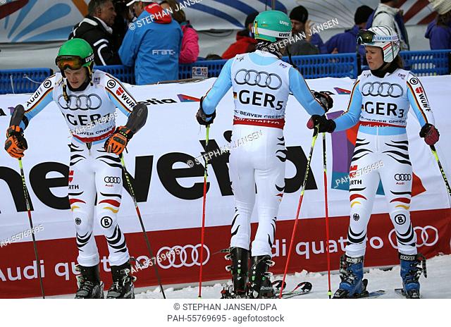 (L-R) Linus Strasser, Felix Neureuther and Viktoria Rebensburg of Germany react after the nations team event at the Alpine Skiing World Championships in Vail -...