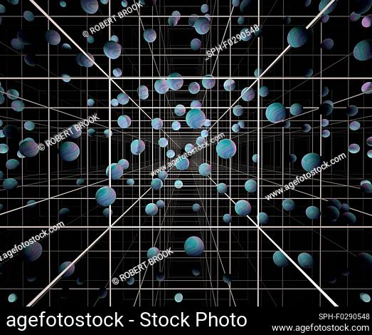 Digitally generated image of spheres and grid structure